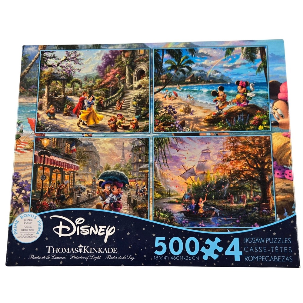 Disney Thomas Kinkade 4 Puzzle Set 500 Piece Mickey Snow White Little Mermaid